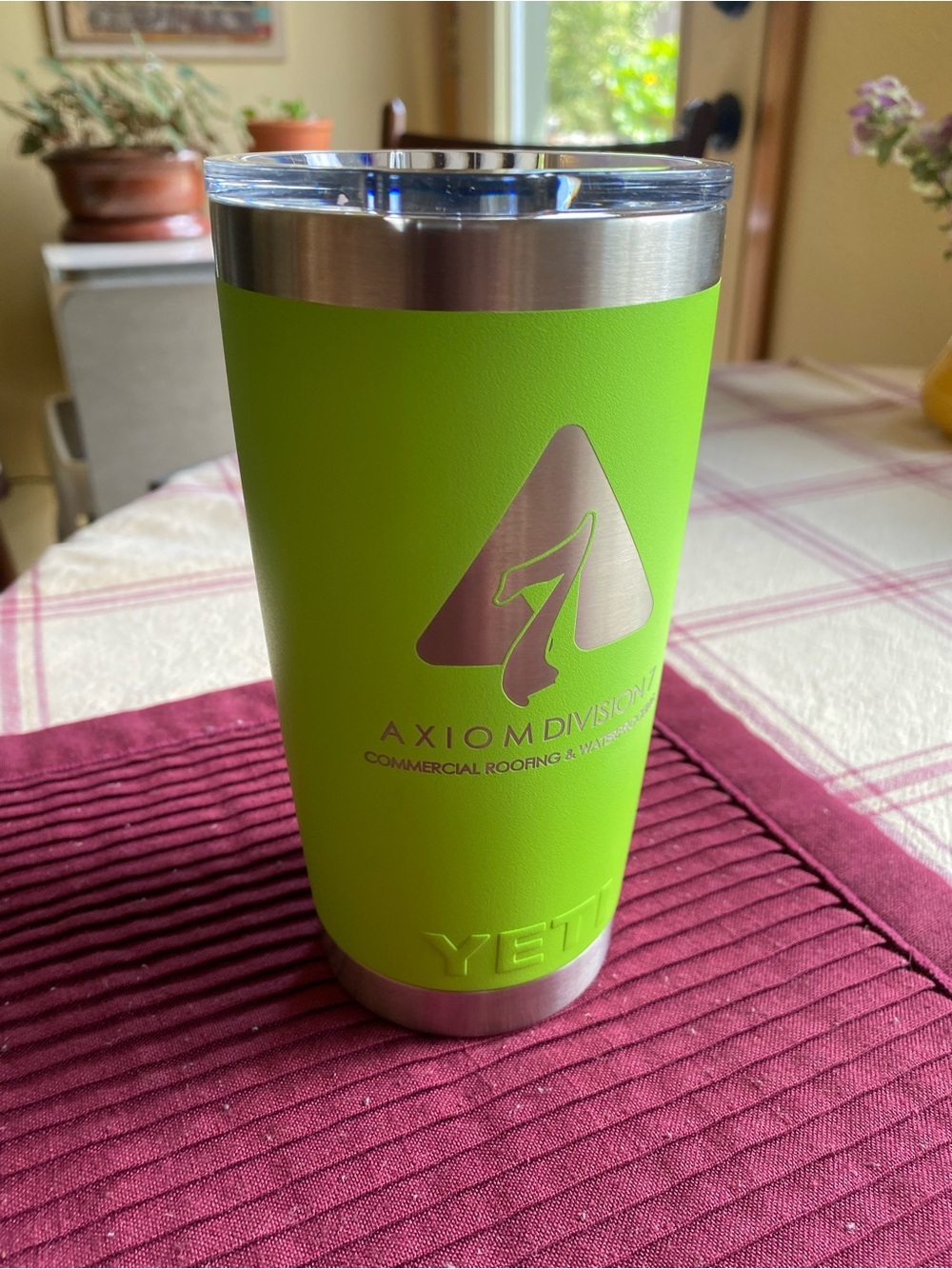 Brand New Bright Green Yeti 20oz Travel Mug w/ Roofing Co Branding